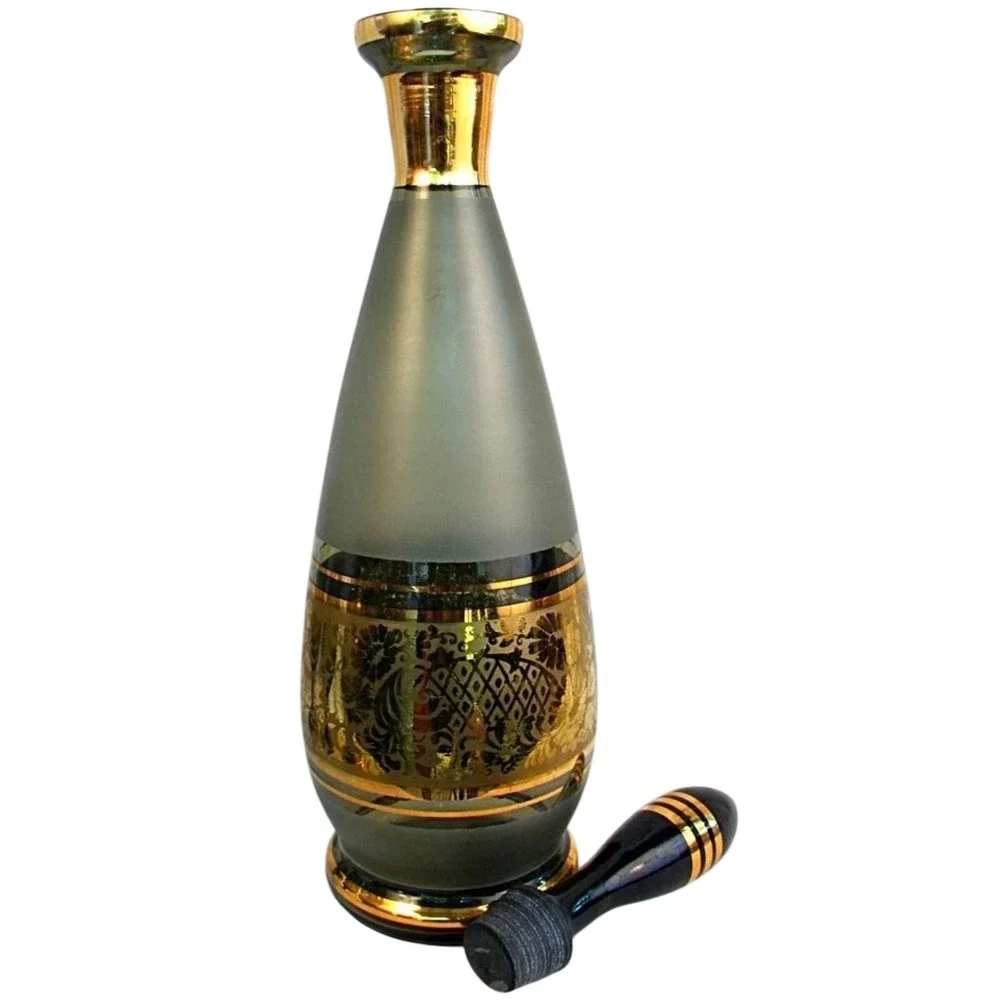 Vintage‎ Smoky Gray Gold Decanter Set 6 Cordial Glasses MCM Hollywood Regency